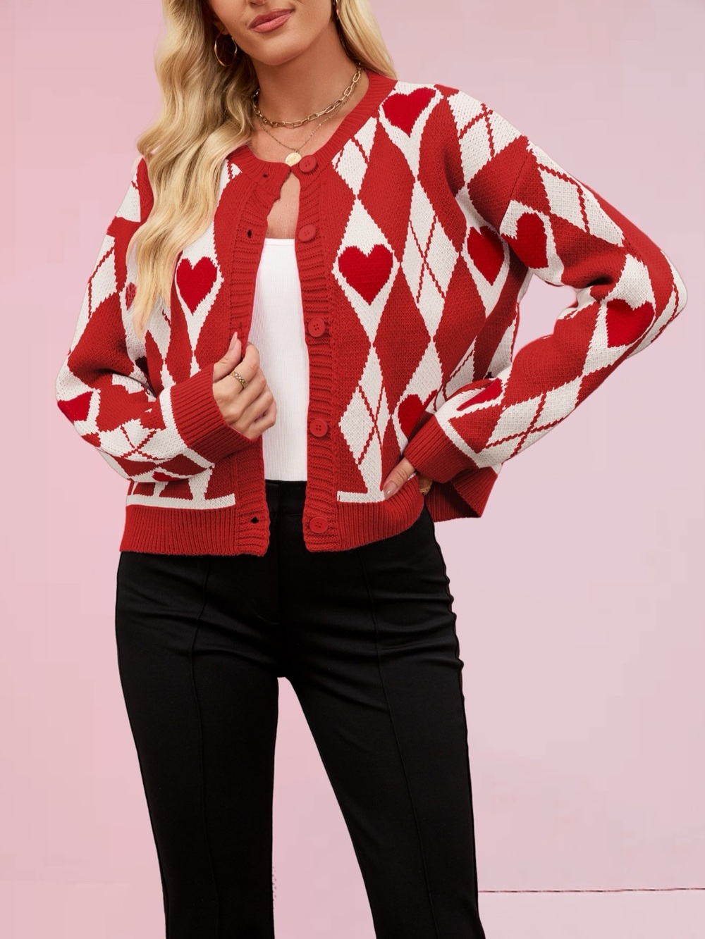 Heart Pattern Button-Up Cardigan - Picture 7 of 10